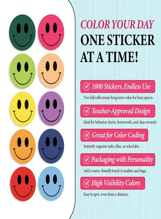 IBAKE 1000PCS Multi-Color Smiley Face Stickers - 2 Rolls of 500 Happy Face Labels for Teachers, Behavior Charts, Classroom Rewards & Kids Crafts - Image 5
